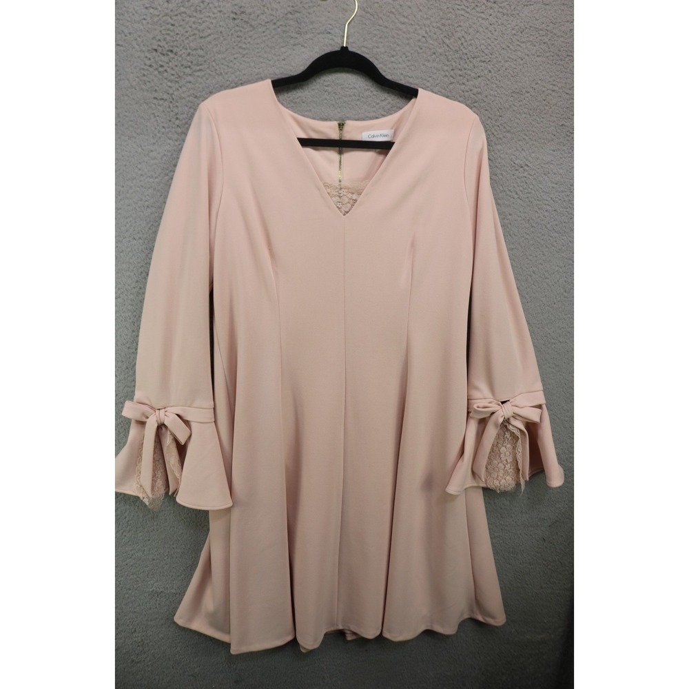 Calvin Klein Pink Long Bell Sleeves V-Neck Dress-Sz 14-Lace-Wedding